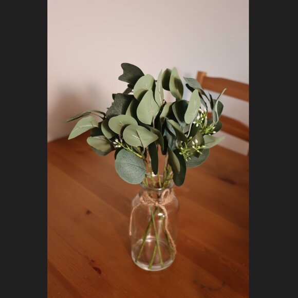 Artificial Eucalyptus in Glass Vase with White Buds Rustic Farmhouse Decor - Picture 3 of 8